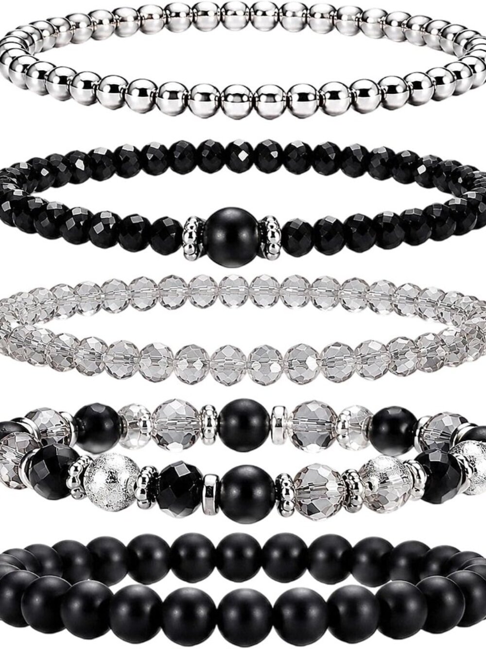 5 PCS Black Bead Bracelets Set for Women & Men - Stackable Crystal Elegance